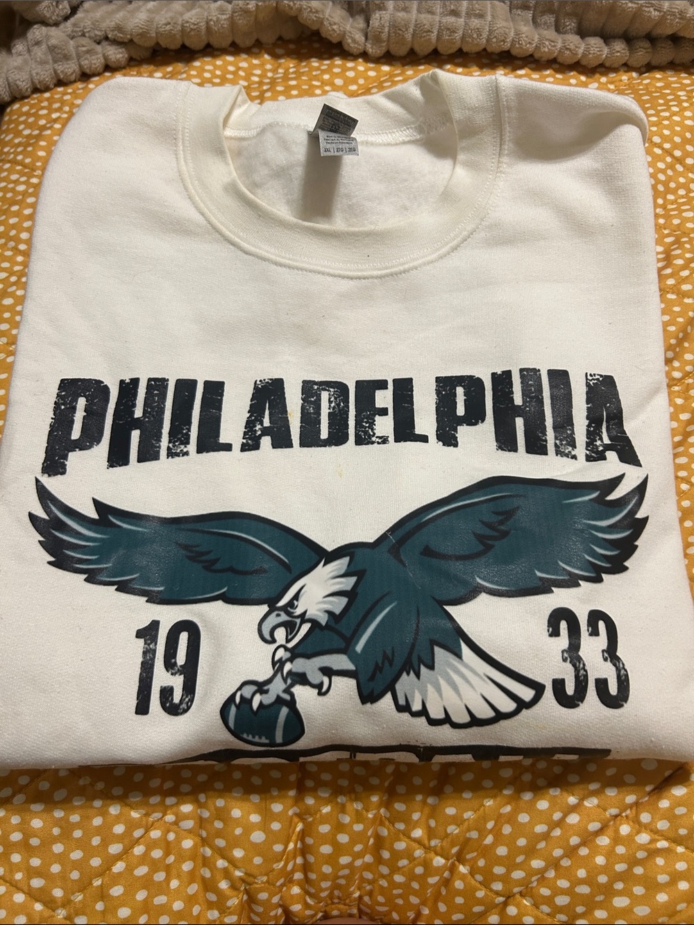 Gildan White Crewneck Sweatshirt with Teal & Black Philadelphia Eagle Graphic